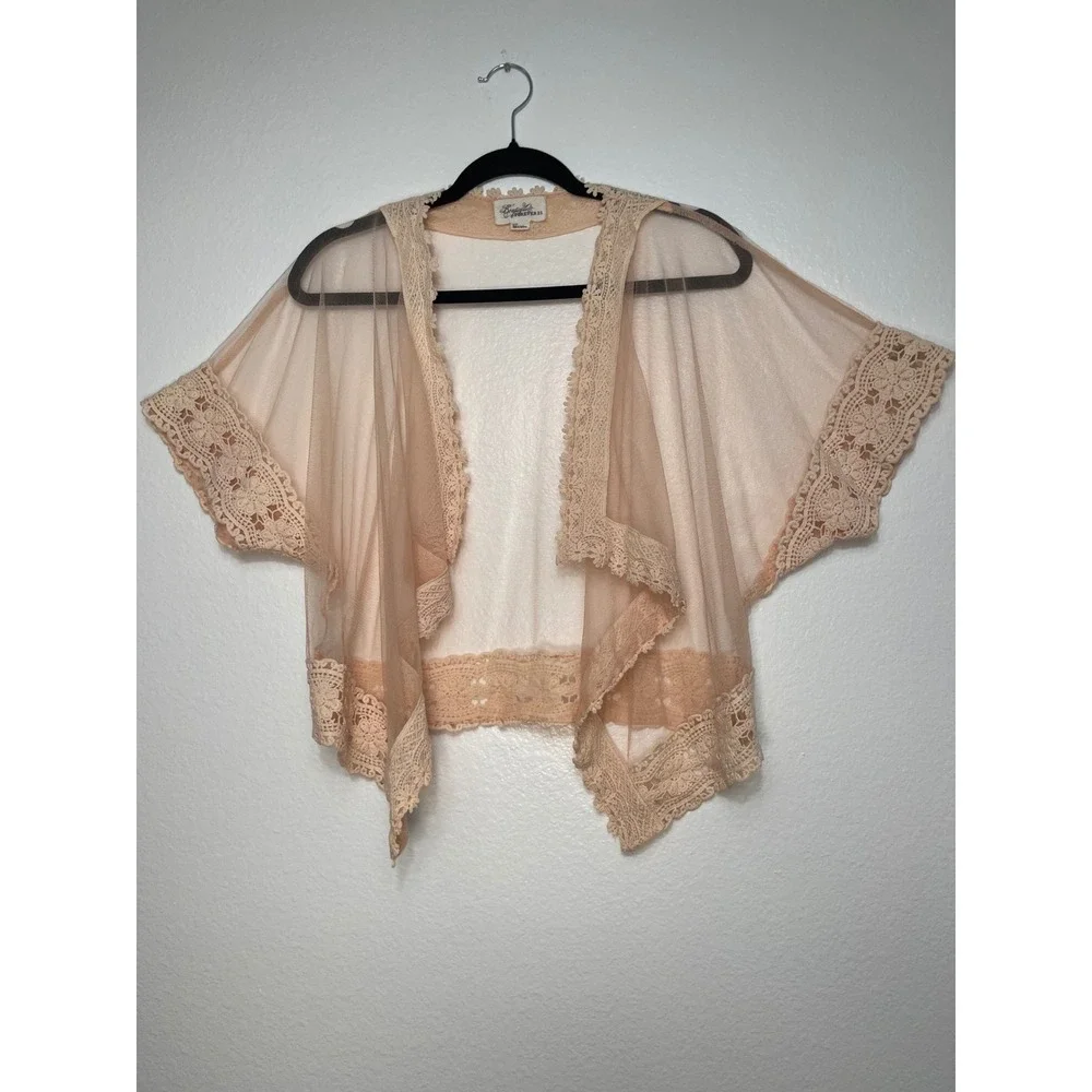 Boutique Forever 21 Peach Mesh Crochet Lace Trim Shrug Bolero Short Sleeve Small